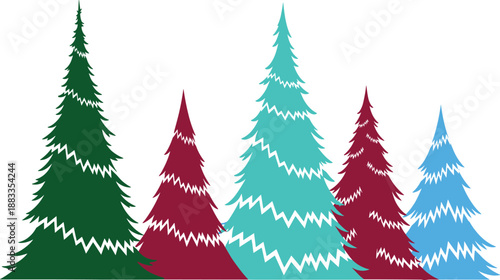 Stylized evergreen tree icon set, colorful winter forest graphics, holiday nature symbols, seasonal vector design elements, isolated on white background