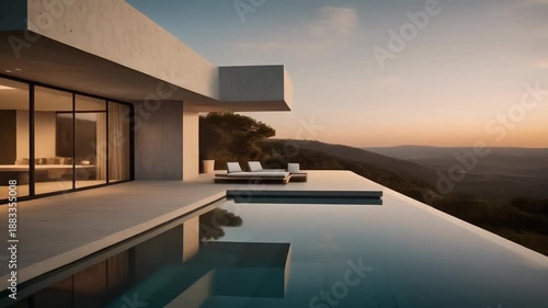 Modern luxury house with infinity pool overlooking panoramic mountain landscape at sunset