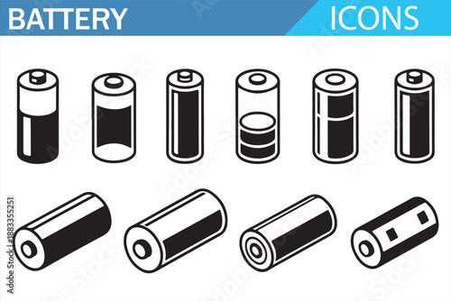 Flat battery icons pack with energy level indicators for apps and UI design