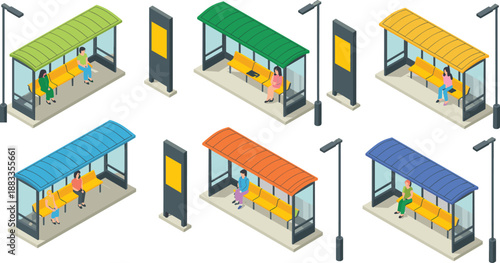 Isometric bus stop shelters illustration set, passengers waiting, public transport stations, city signboards, urban transit concept