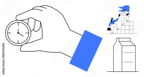 Productivity, teamwork, project management, collaboration, efficiency, task allocation. Hand holding a clock, team members in action packaged product. Productivity and teamwork concept