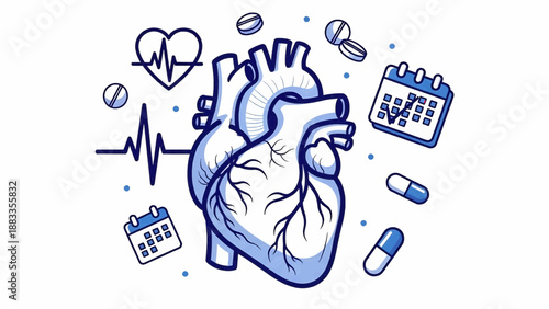 Medical illustration of human heart surrounded by health-related icons and medication from a direct viewpoint