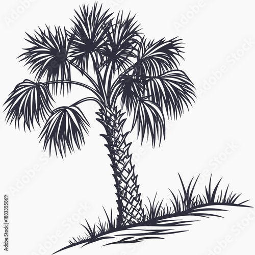 Palm Tree Tropical Landscape Illustration – Vintage Nature Scene in Green Line Art