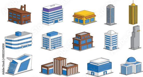 Modern building and office architecture illustration set featuring commercial, residential, and skyscraper structures in isometric flat vector style