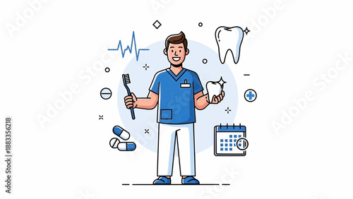 Dentist holding tooth and dental mirror surrounded by medical icons and calendar in a simple illustration