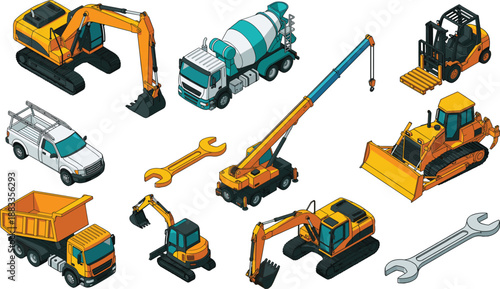 Isometric construction machinery illustration set, heavy equipment vehicles, excavator crane bulldozer, industrial engineering tools collection