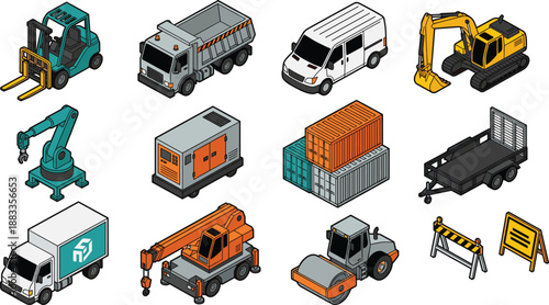 Isometric construction vehicles illustration set, industrial machinery, logistics transport equipment, engineering trucks, roadwork infrastructure collection