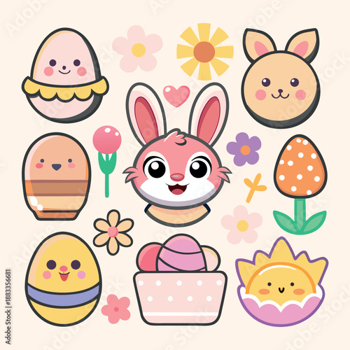 Cute cartoon easter collection with happy bunnies, colorful eggs, and spring flowers
