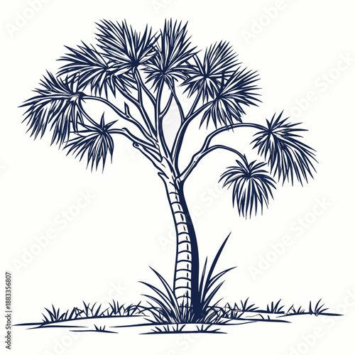 Palm Tree Tropical Landscape Illustration – Vintage Nature Scene in Green Line Art