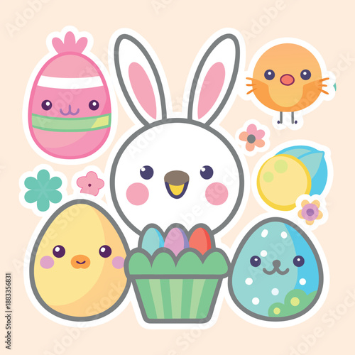 Cute cartoon easter bunny and colorful eggs with adorable chick for holiday celebration