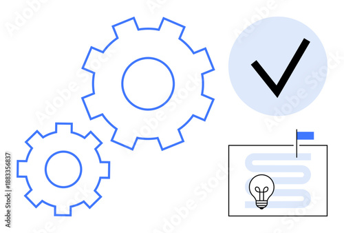 Process optimization. Gears, checklist, and workflow visualization concepts process optimization and efficiency. Process optimization for productivity, innovation, and strategy apps. Broad usage in