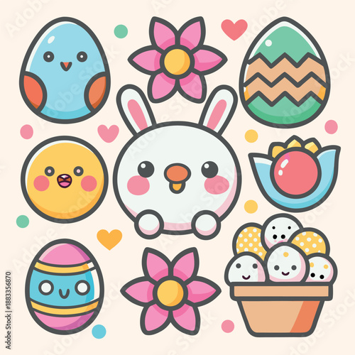 Adorable easter collection featuring a happy bunny, chick, colorful eggs, and spring flowers