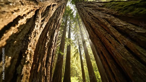 Wallpaper Mural Low-angle shot of tall trees with thick trunks and green foliage in a forest with sunlight filtering through, creating a natural canopy. Torontodigital.ca