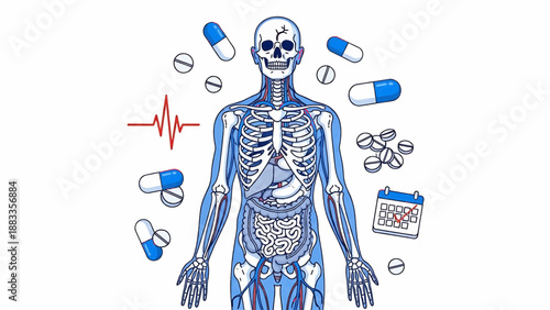Human skeleton surrounded by pills and capsules with a calendar and heartbeat monitor nearby