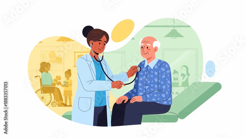 Doctor examining senior patient with stethoscope in modern hospital setting from close-up view