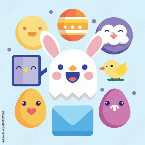 Cute and cheerful easter collection with bunny, chick, and happy decorated eggs