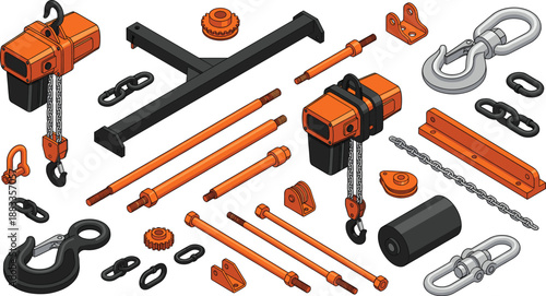Isometric industrial lifting equipment illustration set, chain hoist parts, hooks, bolts, mechanical components collection