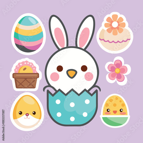 Cute easter bunny emerging from a blue eggshell surrounded by festive eggs and charming chicks