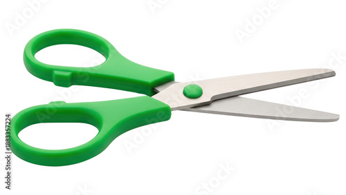 Green plastic safety scissors with stainless steel blades for crafts on a transparent background