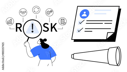 Person magnifies risk concept, surrounded by icons showing graphs, people, documents, and settings. Includes checklist and telescope. Ideal for analysis, strategy, planning foresight assessment