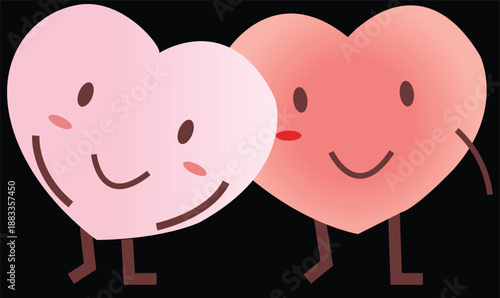 Love hearts cartoon characters smiling together in affection