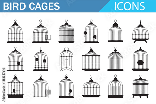 Classic Bird Cage Outline Icons Set Isolated on White Background