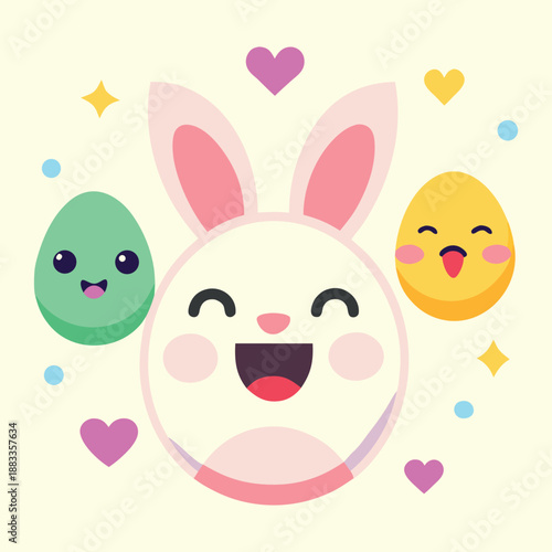 A cheerful easter bunny and smiling eggs celebrate the festive season with hearts and stars