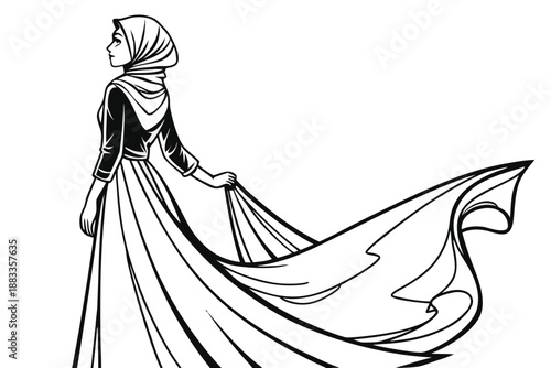 Woman in Long Dress and Headscarf Holding Large Feather Quill Line