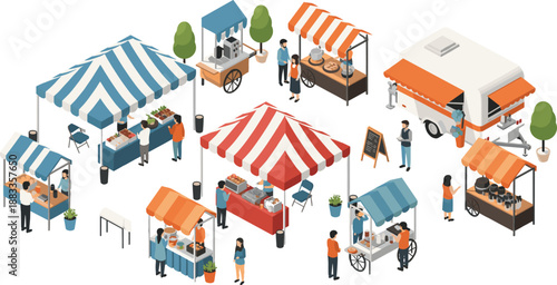 Isometric Street Food Market Vector Illustration with Vendor Stalls, Food Trucks, Tents, and People Buying Snacks at Outdoor Fair Scene