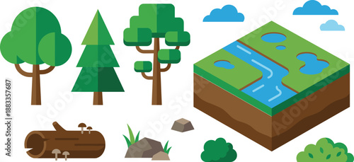 isometric nature terrain assets with trees river soil block forest elements cartoon landscape game environment vector illustration