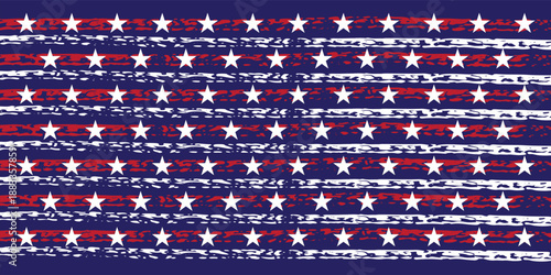 4th of July Stars and Stripes Grunge Abstract Seamless Pattern, colored as USA Flag. Vector Illustration of Stars and Stripes Grunge Background for Celebration Holiday American President Day.eps 10