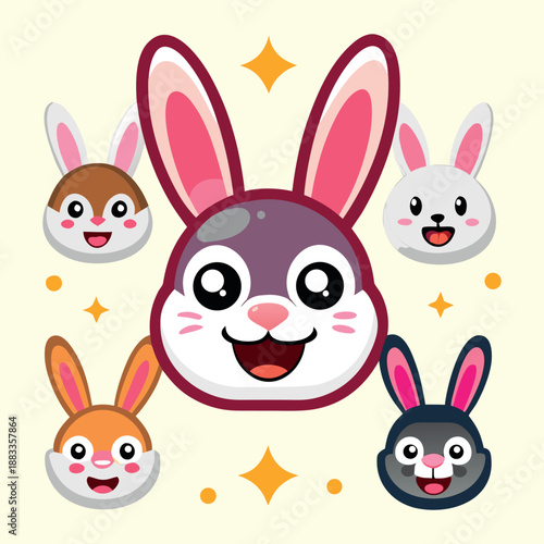 A collection of adorable cartoon rabbit faces with different fur colors and happy expressions