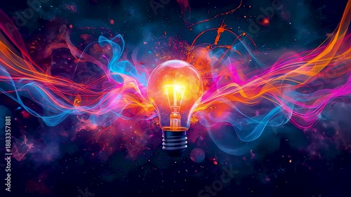 Glowing light bulb with colorful energy waves and electric motion expressing creative ideas innovation power and vibrant abstract design