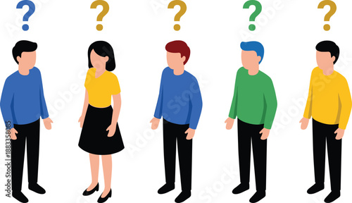 People with question marks illustration, confusion concept, decision making uncertainty, thinking characters, problem solving concept scene