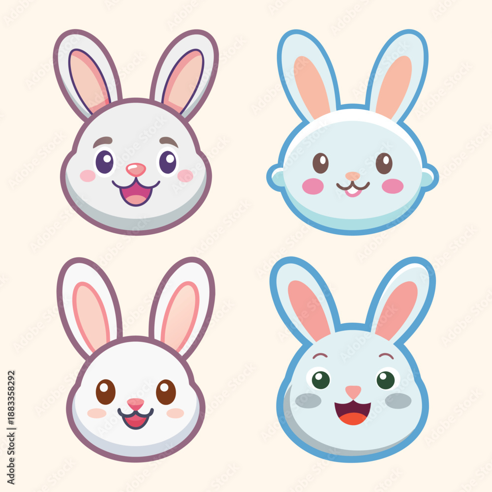 Fototapeta premium Adorable cartoon rabbit head set showcasing various happy and cute facial expressions