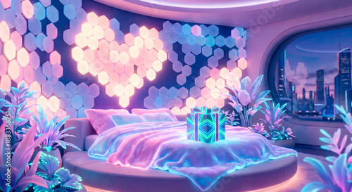 Futuristic bedroom with glowing heart shaped hexagon wall panels and gift box on bed.