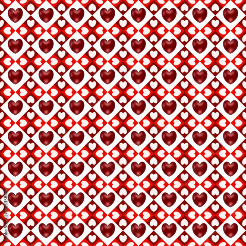  Seamless Valentine's Day pattern of 3D red hearts on a white diamond square shaped background, alternating with white 4 hearts arrange on a red checkered background, png file.