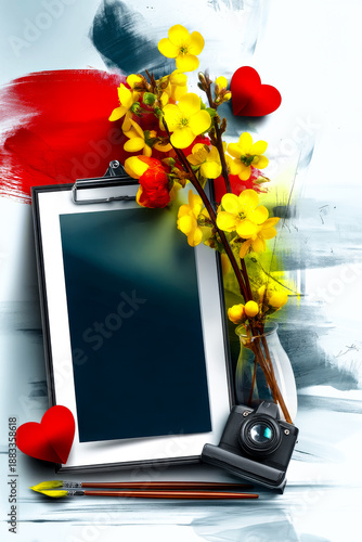 A black clipboard stands next to yellow flowers and a camera with paper red hearts.