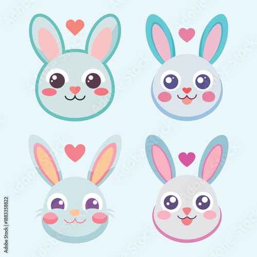 Adorable cartoon bunny faces collection with hearts for cute animal illustrations