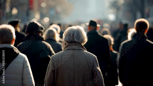 Crowd of people walking through city street in winter light showing everyday urban life, anonymity, movement and shared public routine