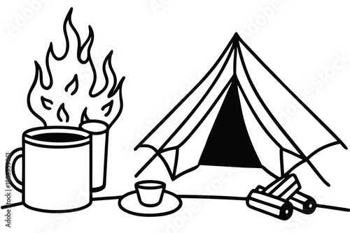 Black and White Line Coffee Pot Pouring Steam Into Cup Near Mountain kettle