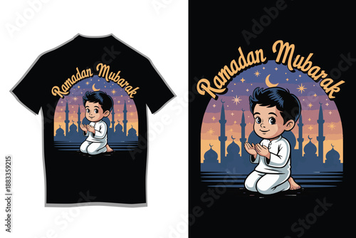 Ramadan Mubarak T-shirt Design with Cartoon Muslim Boy Praying and Mosque