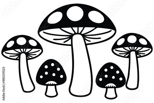 Black and White Line of Four Mushrooms with Spotted Caps fungi line spotted caps nature