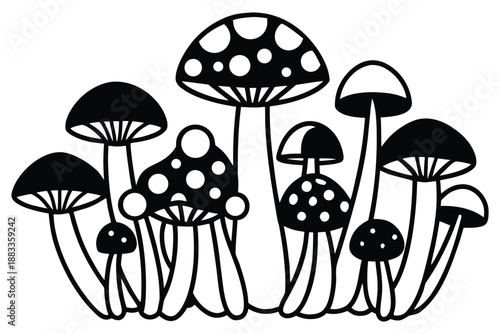 Black and White Line of Six Different Mushroom Types with Dots and Patterns mushrooms fungi line dots