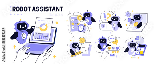 Artificial intelligence services set. Robot characters performing different business tasks. Automation, AI literacy. Vector outline illustration.