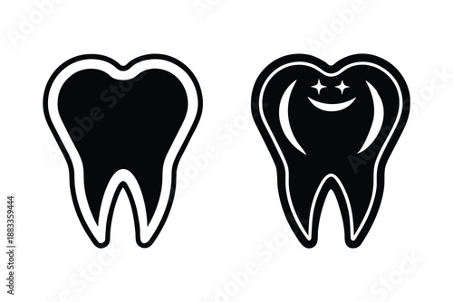 Black and White Molar Tooth with Happy Face and Sparkles Dental Symbol