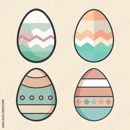 Collection of beautifully decorated easter eggs with colorful geometric patterns in a flat design