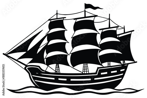 Black and White Pirate Ship Sailing with Full Sails sailing ship nautical