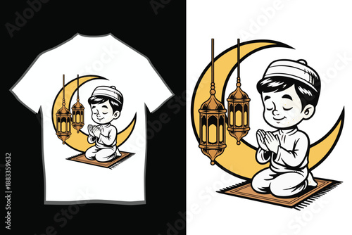 Ramadan Mubarak T-shirt Design with Cartoon Muslim Boy Praying and Mosque