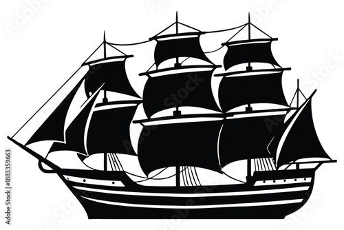 Black and White Silhouette of Three Mast Sailing Ship tall ship
